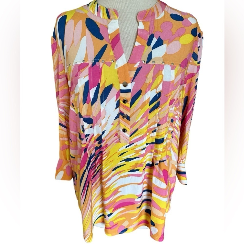 COCOMO XL Yellow Pink 3/4 sleeve women's Pintuck Blouse top shirt